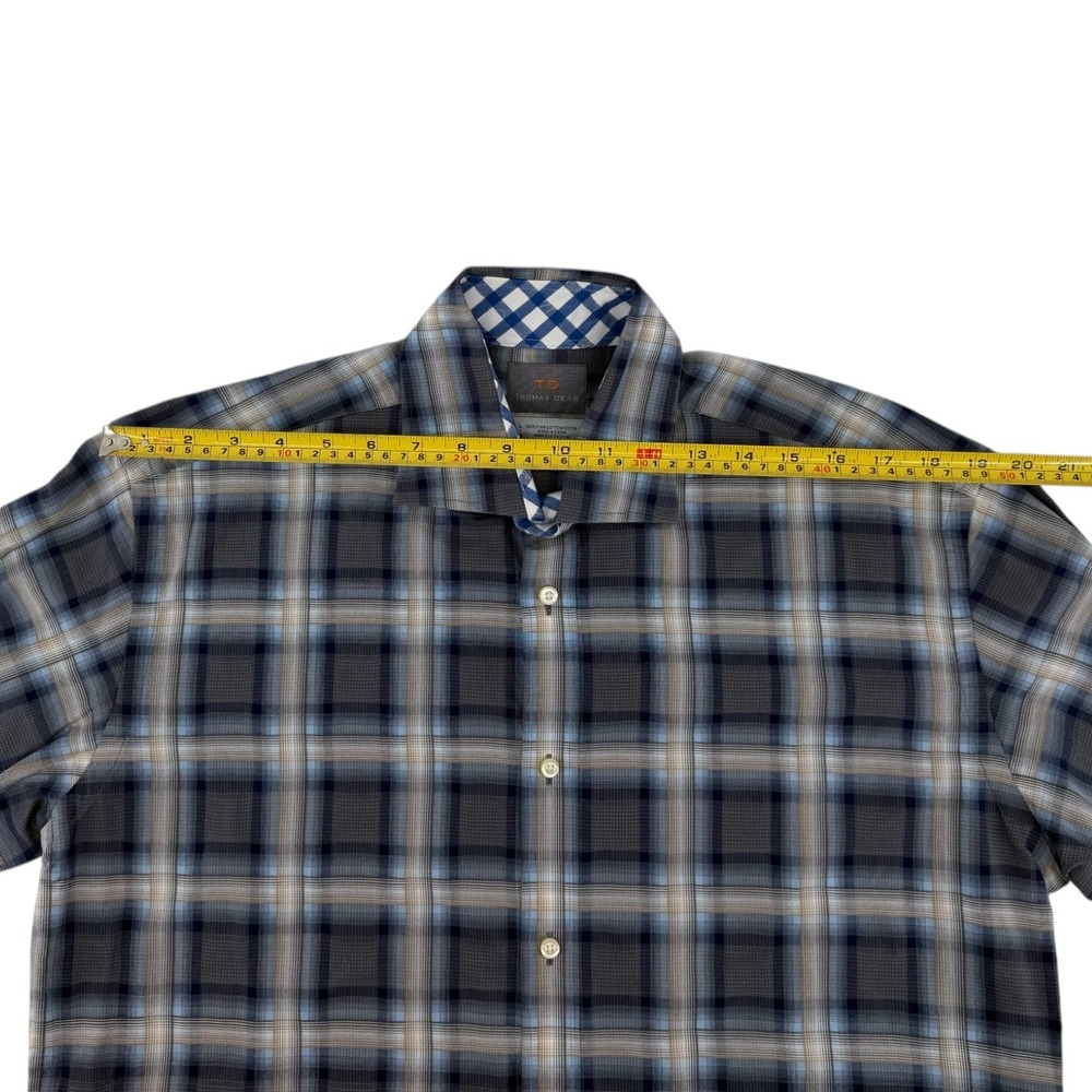 Thomas Dean Mens L Pima Cotton Plaid Button Down Shirt Grey Blue Gingham Trim - Picture 6 of 7